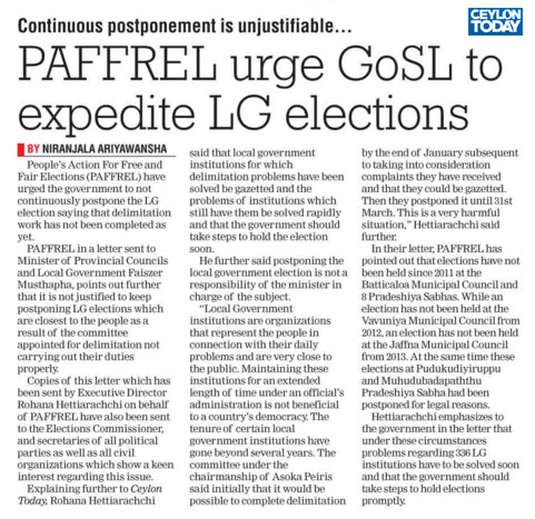PAFFREL urge GoSL to Expedite LG elections