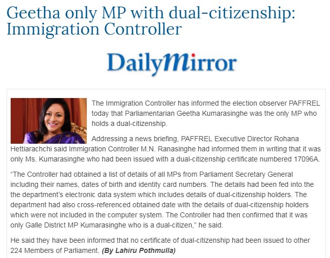 Geetha only MP with dual-citizenship: Immigration Controller